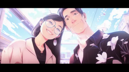 lovely couple, smiling korean woman wearing round glasses, 30s french guy wearing a black shirt,phlox,anime cartoon,perfume,spy visual,detective conan,galaxy express,started-carnation,anime japanese c