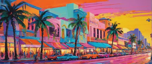 south beach,coconut grove,colorful city,broadway at beach,miami,fort lauderdale,palmbeach,boulevard,honolulu,ann margarett-hollywood,majorelle blue,beverly hills,neon colors,shopping street,street scene,santa monica,store fronts,saturated colors,las olas suites,vibrant color,Conceptual Art,Oil color,Oil Color 20