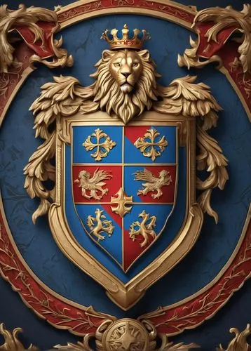 "Personal coat of arms, unique crest, shield with intricate designs, golden border, family motto in Latin, bold font, blue and red colors, lion and eagle supporters, oak tree symbol, sword and shield 