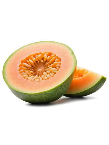 Half-cut young cantaloupe, green rind, juicy flesh, sweet aroma, studio lighting, macro shot, shallow depth of field, warm color tone, cinematic composition, 45-degree angle, close-up, detailed textur