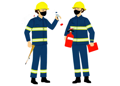 Stick figure, firefighter, male, yellow helmet, black mask, blue uniform, reflective vest, holding fire extinguisher, standing pose, bold lines, simple shape, cartoon style, bright colors, dramatic li