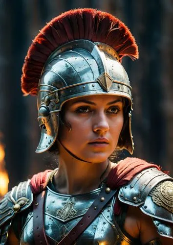 an attractive woman dressed in armor and helmet standing next to a fire,kassandra,claudii,female warrior,centuriae,hippolyta,centurion,Photography,General,Fantasy