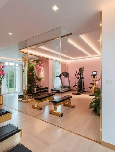 Casa lujosa estilo lujo moderno, hermoso gym moderno con excelente iluminación espejos y hermosas ventanas, detalles dorados,  muchas plantas de interior y flores rosas ambiente agradable con delicios