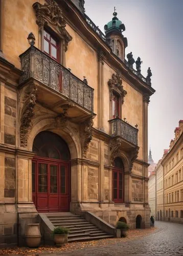 Historic Academy of Art, Architecture and Design, Prague, Baroque style building, grand entrance, ornate facade, intricate stone carvings, large windows, balconies with metal railings, red roof tiles,