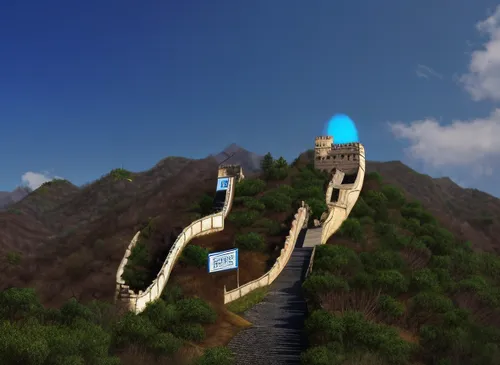 virtual landscape,3d rendering,futuristic landscape,hiking path,3d render,observation tower,3d rendered,terraforming,dragon bridge,winding steps,sky space concept,mountain slope,stairway to heaven,beam bridge,ski jump,mountain settlement,mountain world,moveable bridge,building valley,render,Light and shadow,Landscape,Great Wall