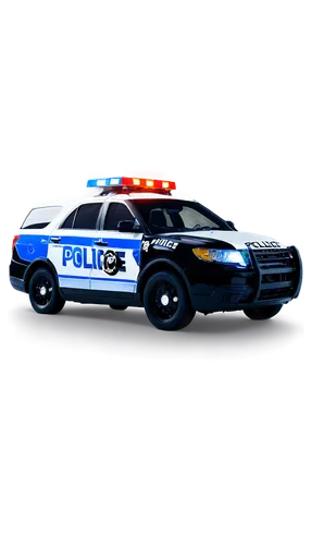 Emergency vehicle, police car, flashing lights, loud siren sound effect, metallic body, sleek design, bold font "POLICE" logo, spotlight on roof, wheels in motion, dynamic movement, low-angle shot, dr