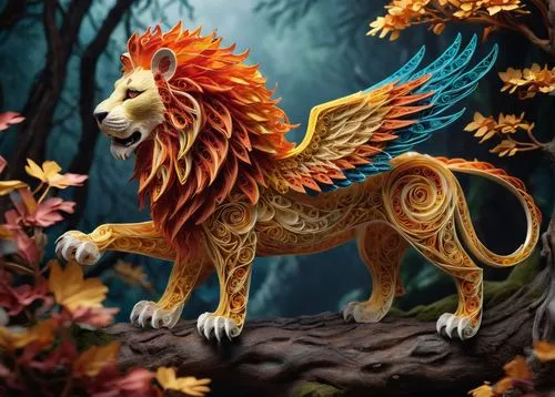 forest king lion,gryphon,fantasy art,lion - feline,griffon bruxellois,lion,panthera leo,african lion,forest dragon,little lion,fantasy picture,firestar,female lion,autumn background,stone lion,heraldic animal,male lion,whimsical animals,mythical creature,zodiac sign leo,Unique,Paper Cuts,Paper Cuts 09