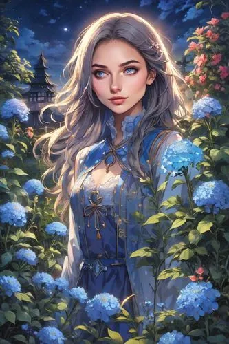 PORTRAIT OF an mysterious  garden during the night, with mysterious glowing plants, beautiful blue flowers, a BLUE moon lies low above the garden,,blue hydrangea,rosa ' amber cover,fantasy portrait,gi