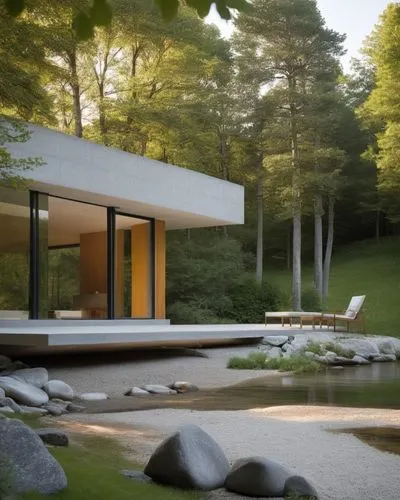 The interior of a minimalist cottage is adorned with sleek steel sheet panels, evoking a minimalist vibe. The cabin is decorated with a panoramic window towards a crystal-clear river, which seems to g