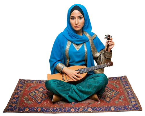 Middle Eastern woman, traditional clothing, hijab, colorful dress, Persian-inspired jewelry, holding oud instrument, sitting cross-legged, intricate rug, warm lighting, soft focus, shallow depth of fi