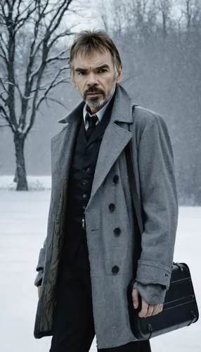 Billy Bob Thornton as Lorne Malvo, wearing a long grey trenchoat in the snow, holding a suitcase in his right hand,father frost,overcoat,the cold season,tyrion lannister,winter background,iceman,ironw