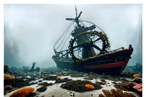 Polluted ocean scene, plastic waste, oil spill, dead fish, seaweed entwined, rusty ship propeller, broken coral reef, murky water, gloomy atmosphere, low-key lighting, wide-angle lens, 2/3 composition