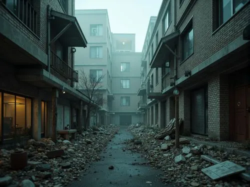 crewdson,scampia,post apocalyptic,destroyed city,post-apocalyptic landscape,old linden alley,slum,alley,postapocalyptic,apocalyptic,ghost town,norilsk,deakins,dishonored,rescue alley,urban landscape,alleyway,ruelle,apartment block,cloverland