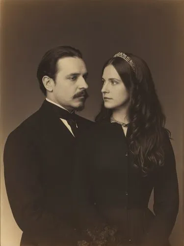 Official black and white photo double portrait of Their Majesties King Charles I and Queen Olga of Württemberg.,a man and a woman standing close together,forsyte,ziegfeld,vintage man and woman,edwardi