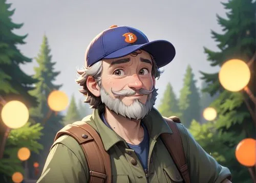 A 50 year old man, he is a forester, he is wearing an orange cap with a logo on it, his beard is greay and chesnuts colored, he is wearing forester clothes green and brown colored, he has a few rickle