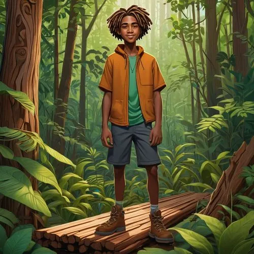 forest man,game illustration,young man in the forest,African American young man,Illustration,Realistic Fantasy,Realistic Fantasy 45