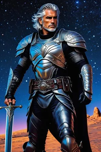 Galactic warrior, male, muscular, silver hair, blue eyes, scar above left eyebrow, detailed armor, metallic silver chest plate, leather waist belt, silver boots, holding a galaxia sword, standing hero