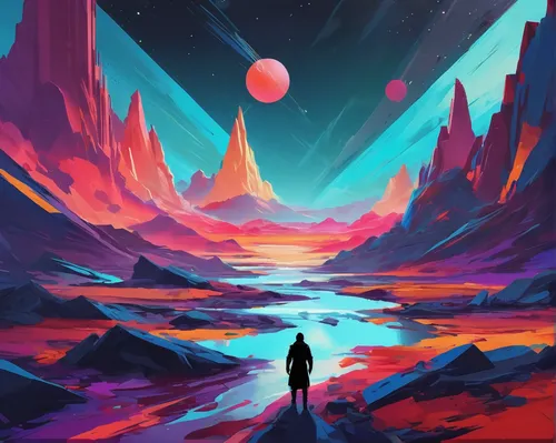 space art,futuristic landscape,barren,alien planet,vast,red planet,lunar landscape,exploration,wanderer,desert planet,alien world,space,sci fiction illustration,earth rise,planet,cosmos,valley of the moon,horizon,expanse,desert,Illustration,Vector,Vector 07