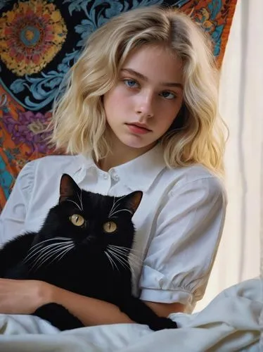 black cat,lily-rose melody depp,kat,vintage cat,cat in bed,two cats,wallis day,cat european,cat,feline,cat's eyes,girl in bed,liberty cotton,feline look,ritriver and the cat,eglantine,blonde girl with