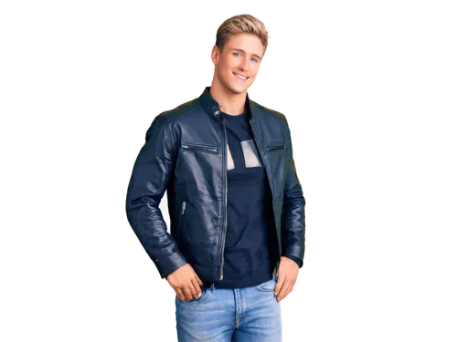 Muscular man, gay, blonde hair, blue eyes, strong jawline, charming smile, ripped chest, six-pack abs, low-rise jeans, black leather jacket, confident pose, one hand on hip, sideways glance, soft focu