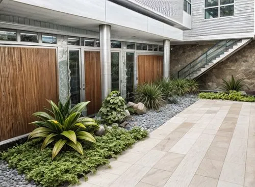 storefront with tropical landscape, striped paving pattern, stairs, rocks, seating, wood textures,garden design sydney,landscape designers sydney,landscape design sydney,wooden decking,roof garden,gar