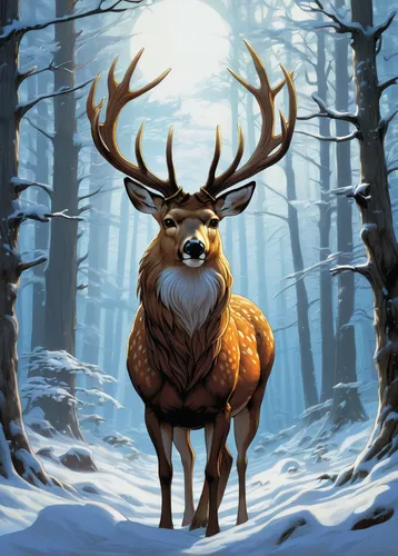 Design a virtual reality game where players embark on an epic quest to capture mythical deer with magical abilities.,winter deer,deer illustration,elk,christmas deer,buffalo plaid antlers,red deer,per