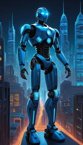 Digital illustration, futuristic AI robot, glowing blue circuits, metallic body, LED eyes, advanced mechanical limbs, dynamic pose, cityscape background, neon lights, towering skyscrapers, busy street