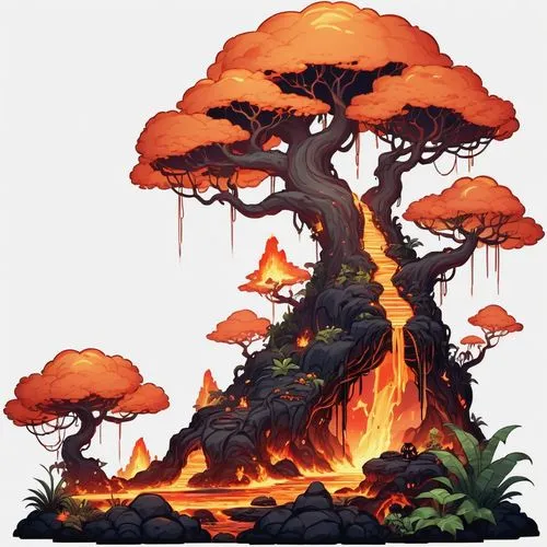 mushroom island,tree mushroom,mushroom landscape,baobabs,maplestory,burning tree trunk,Illustration,Abstract Fantasy,Abstract Fantasy 11