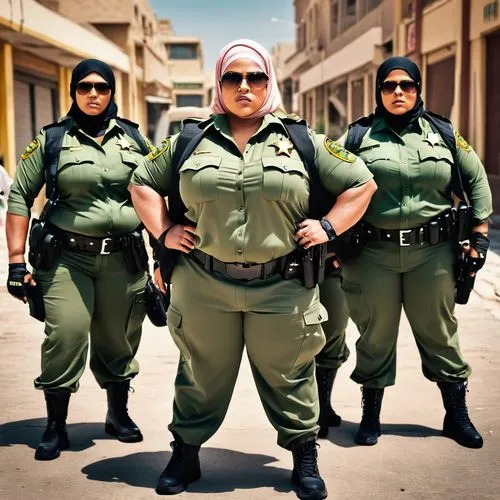 Group Armed Angry Amazon Fat Obese Bbw Big Muscle Big Boobs Big Ass Saudi female bodybuilder Sheriff full uniform trousers jacket cap sunglasess gloves hijab street patrol ,policewomen,libyan,kuwaiti,