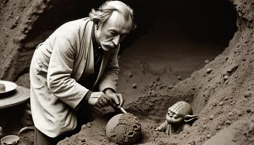 Famous archaeologist Heinrich Schliemann, archaeological excavations at a historical site Troja, unearthing clay figure of Star Wars Jedi Master Yoda figur, made of clay, other star wars figures made 