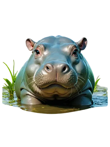 Cute hippopotamus, chubby body, small legs, rounded face, big eyes, sweet smile, wet skin, shiny fur, green water plants, riverbank setting, warm sunlight, soft focus, macro shot, pastel color tone, w