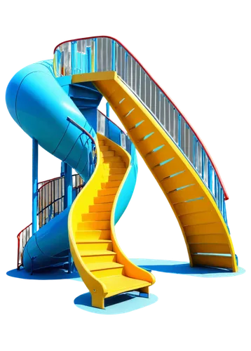 Colorful slide, playground equipment, curved shape, metal structure, stairs leading up, soft cushioned seat, bright blue handrail, shiny surface, morning sunlight casting long shadows, low-angle shot,