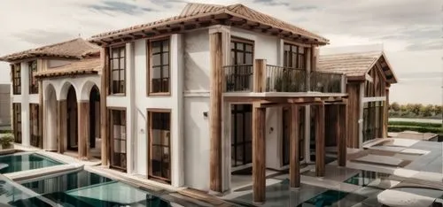 pool house,asian architecture,timber house,wooden house,holiday villa,luxury property,3d rendering,wooden facade,dunes house,cube stilt houses,wooden construction,luxury real estate,build by mirza golam pir,chinese architecture,marrakech,render,stilt house,model house,eco-construction,luxury home