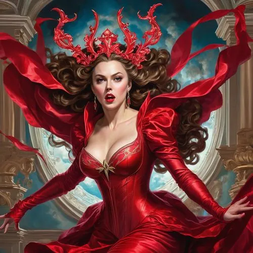 scarlet witch,lady in red,red,queen of hearts,devil,medusa,man in red dress,vampire woman,vampire lady,the sea of red,medusa gorgon,maraschino,evil woman,fantasy woman,red gown,mezzelune,red magnolia,fire siren,dodge warlock,sorceress,Art,Classical Oil Painting,Classical Oil Painting 01
