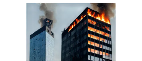 Burning building, skyscraper, cityscape, blazing flames, smoke rising, broken windows, shattered glass, charred walls, steel beams exposed, debris scattered, fiery embers, dark atmosphere, low-angle s