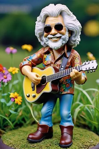 Jerry Garcia, Bobble Head, iconic musician, 60s psychedelic style, colorful clothing, vibrant shirt, bell-bottom jeans, brown boots, hippie accessories, guitar in hand, smiling face, beard, messy hair