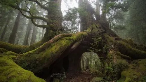 an ancient tree has been in the fog to create a tunnel for the pographer,mirkwood,fangorn,olympic peninsula,elven forest,endor,vancouver island