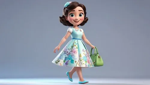 a girl in a dress,princess anna,dorthy,princess sofia,doll dress,renderman,pinafore,girl in a long dress,disney character,cute cartoon character,mable,agnes,floricienta,dress doll,tinkerbell,3d rendered,tiana,tink,clarabelle,usherette,Unique,3D,3D Character