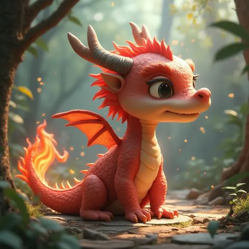 A Cute Red Chinese Dragon Entrenched in a Disney Castle, Clay Material, Pixar, Cartoon, 3D Rendering, Ultra Fine Detail,an adorable little dragon is in the forest,forest dragon,dragonja,alifirenko,dra