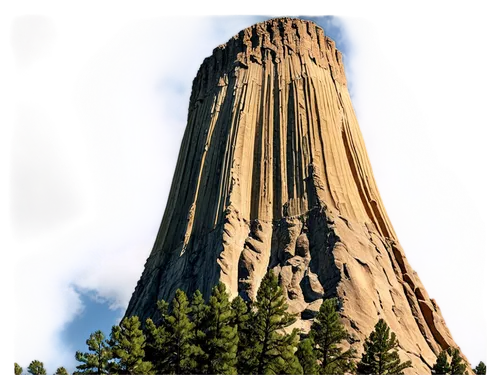 Devil's Tower, Wyoming, national monument, rock formation, unique shape, 865ft tall, narrow tower, wide base, rugged texture, brown-red color, dramatic cloudy sky, afternoon sun, warm lighting, low an