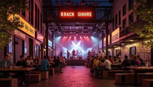 Vibrant music venue, eclectic exterior facade, neon lights, urban cityscape, bustling streets, graffiti walls, industrial chic interior, exposed brick walls, wooden floors, cozy atmosphere, intimate s