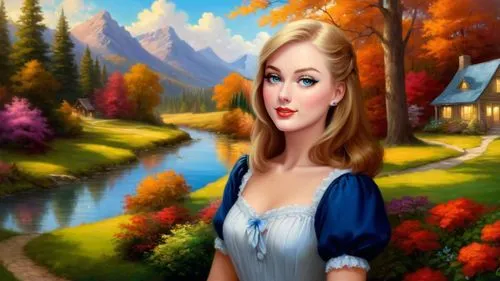 Romantic masterpiece oil painting, cute girl portrait, nostalgic 1950's style kitsch, breathtaking beautiful  landscape, majestic natural scenery, warm evening lighting, highly detailed, highres, absu