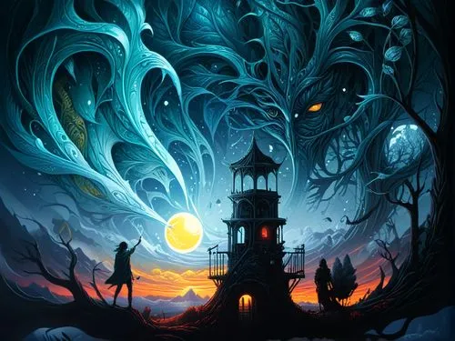 carcosa,lighthouse,fantasy picture,witch's house,lighthouses,haunted forest,Illustration,Realistic Fantasy,Realistic Fantasy 25