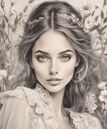 behenna,beautiful girl with flowers,jingna,vanderhorst,romantic portrait,boho art style,Digital Art,Pencil Sketch