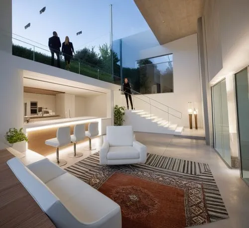 DISEÑO INTERIOR DE UN LOFT, DE ESTILO MINIMALISTA, CON UN GRAN VETANAL AL FRENTE CON ALUMNIO Y CRISTAL TRANSPARENTE, ESCALERA DE CONCRETO APARENTE, MEZANNINE CON VIGAS DE ACERO, PLAFON DE LAMINADO DE 