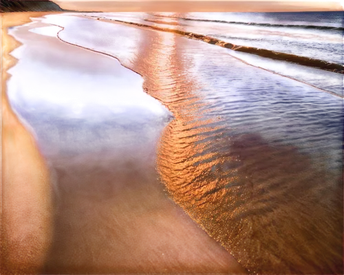 Golden sand, beach setting, soft waves, gentle ripples, subtle texture, warm sunlight, low-angle shot, 3/4 composition, shallow depth of field, serene atmosphere, natural color tone, cinematic lightin