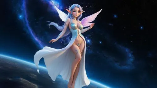 perspective is at full body shot. create a image of a uhd photo realistic  very beautiful , petite waist but voluptuously bodied  white-skinned italian female elf .she is wearing long goddess-styled f