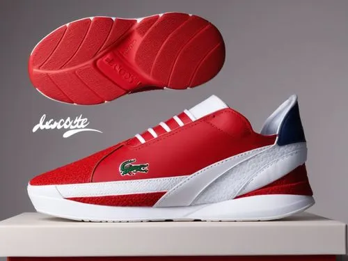 Pebbled leather upper, sock collar trim, "Lacoste" logo,  all red sneaker with white and navy accent color scheme , all white sole bottom ,LACOSTE pickle ball low 2 ,puma,fila,diadora,manolos,sports s