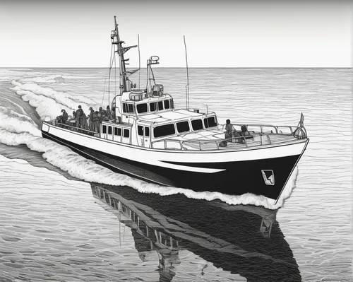 Transport readers to a tranquil coastal setting where the Mark VI patrol boat glides effortlessly through calm waters.,survey vessel,convoy rescue ship,pilot boat,diving support vessel,uscg seagoing b