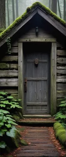 weathered wooden cabin, traditional architectural shingles, rustic, natural materials, rough-hewn logs, overgrown with moss, ivy crawling up walls, old wooden door, rusty metal doorknob, stone pathway